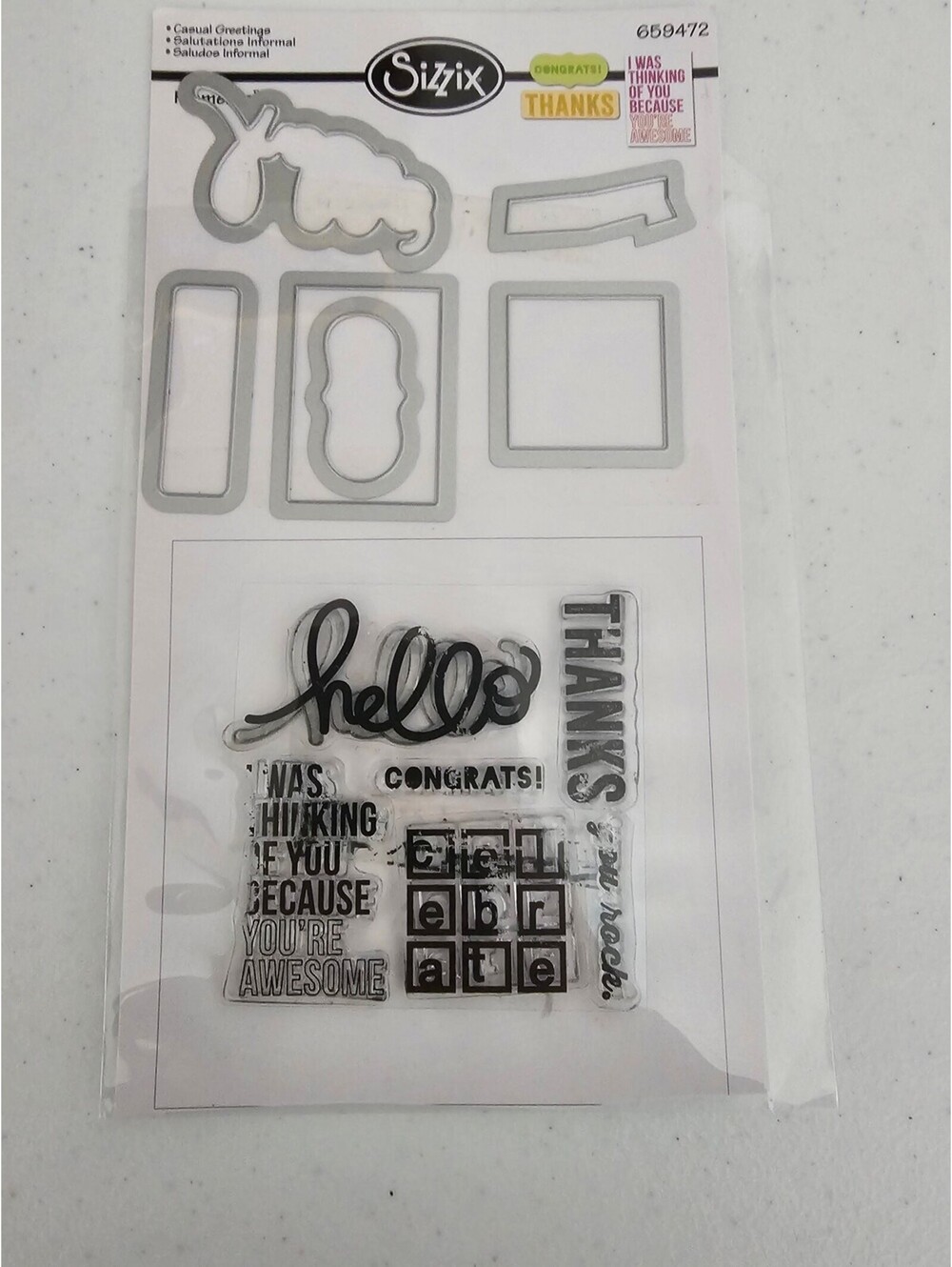 Sizzix Casual Greetings Clear Rubber Stamp and Die Set Hello Congrats